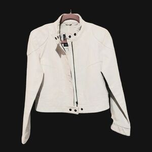 USA Vintage Ladies White Genuine Leather Front Zip Moto Jacket Snaps At Collar